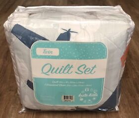 Kute Kids Airplane Twin Quilt And Sham 2 Piece Bedding Blanket Set In Blue New