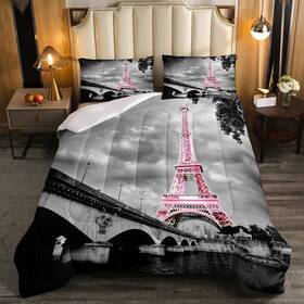 Beizi002-tt22-queen Kxry Paris Comforter Set Queen Size Pink Eiffel Tower Seine Bedding French Style
