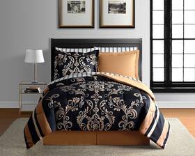 Lanwood Home 734737486676 Sabrina Damask 6-piece Bed-in-a-bag Comforter Set Twin Black Gold