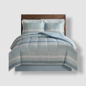 Lanwood Home 734737558397 Blue White Austin Stripe/solid Reversible Queen 8 Pc.comforter Set