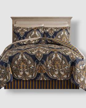 Lanwood Home 734737619715 Blue Odyssey Scroll/stripe Reversible 8 Pc. Full Comforter Set