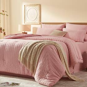 Lbus24-bcs01-pk10290 Laojin Balhen King Size Comforter Set 7 Pieces Pink Seersucker Bed In A Bag