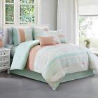 Laura 7-piece Coral Mint Geometric Embroidered Pleated Striped Comforter Set