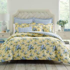 Laura Ashley 711181273878 Cassidy 7-piece Yellow Floral Cotton Full/queen Comforter Set