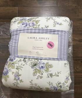 Laura Ashley 883893903494 Maerie Cream Lavender Floral Stripe King Comforter Set Shabby Chic