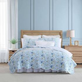 91266582 Laura Ashley Twin Peony Garden 100% Cotton Quilt Set Blue Machine Washable