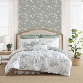 Rn76948-grn Laura Ashley Full/queen Comforter Set Premium Cotton Green Toile - R76948-grn