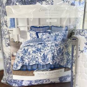 7216320 Laurel Manor Toile Garden Bedspread And 2 Pillow Shams Set Quilt Blue Floral Queen