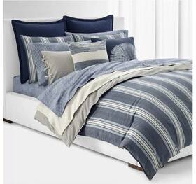 Lauren Ralph 886087399097 Gavin Stripe Indigo Full/queen Comforter Shams Set 3 Piece Cotton