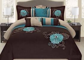 Legacy Decor 810006866254 7 Pc Brown Teal And Taupe Floral Striped Design Comforter Set Twi