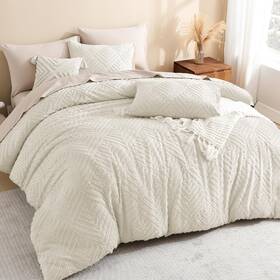 Litanika 445048251213 King Size Comforter Set Beige 3 Pieces Cream Tufted Boho Farmhouse Bed