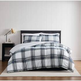92868213 London Fog 3pc Full/queen Nottingham Plaid Comforter Set Navy Blue