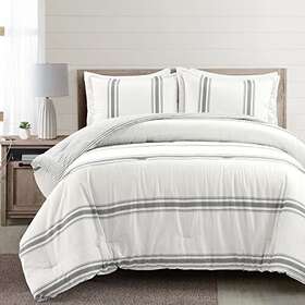 Lush Decor 194938043175 Farmhouse Stripe 3 Piece Reversible Comforter Bedding Set Full/queen Dark Gray