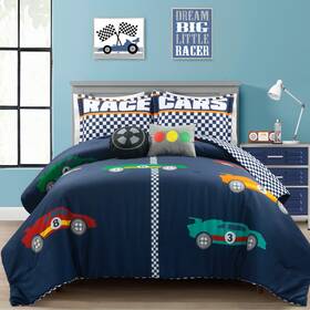 Lush Decor 194938052245 Racing Cars Reversible Oversized 5 Piece Comforter Set Full/queen Navy