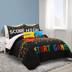 Lush Decor 194938055895 Video Games Reversible Comforter Queen Size 4 Piece Set Full/queen Black And Re
