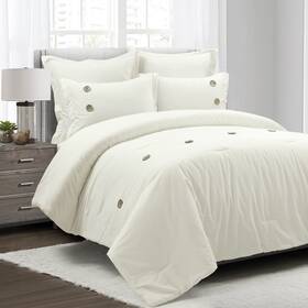 Lush Decor 194938056335 Linen Button Farmhouse 5 Piece Comforter Set Full/ Queen Off White