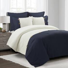 Lush Decor 194938056410 Linen Button Farmhouse 5 Piece Comforter Set Full/ Queen Navy - Rustic Chic