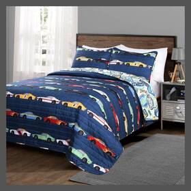 76526236 Lush Decor 3pc Full/queen Reversible Race Cars Kidsft Bedding Set Navy - D Cor