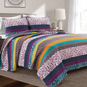 84278024 Lush Decor D Cor 3pc King Boho Stripe Reversible Oversized Cotton Quilt Set Plum