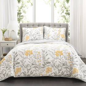 Lush Decor 848742056028 Aprile Soft Reversible Floral Quilt Set 3 Piece Full/ Queen Yellow Gray Be