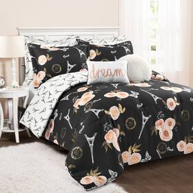 Lush Decor 848742096345 Vintage Paris Rose Butterfly Script Comforter Set Black Full - Queen