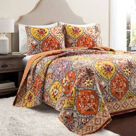 88096138 Lush Decor D Cor 3pc King Bohemian Flower Reversible Oversized Cotton Quilt