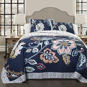 Lush Decor Aster Quilt Flower Pattern Reversible Navy 3 Piece Lightweight