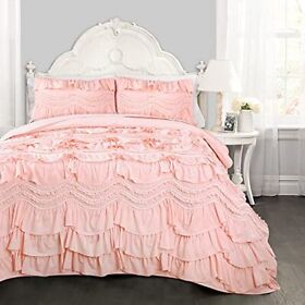 Lush Decor Kemmy Quilt Ruffled Textured 3 Piece King Size Bedding Set Peach B