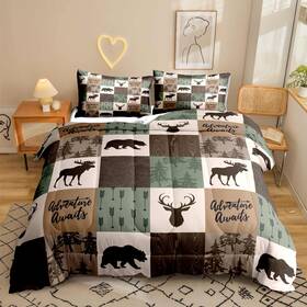Do-ai016-queen Luvivihome 3pcs Rustic Cabin Comforter Set Brown Sage Green Queen Bear Deer
