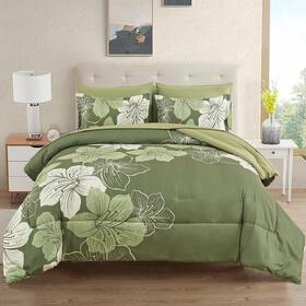 Luxudecor 313101266207 Floral Comforter Set Queen Size 7 Pieces Bed In A Bag Olive Green