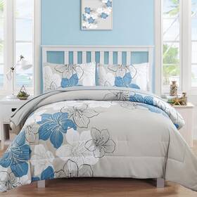 Luxudecor 445006436478 Floral Comforter Set Queen Size Blue And Sheet