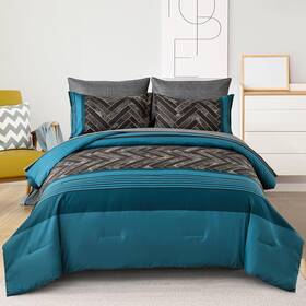 Luxudecor 445042433448 Teal Blue Comforter Set Queen Size 7 Pieces And Black Stripe Bed