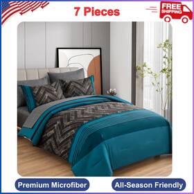 615867 Luxudecor Teal Blue Comforter Set King Size 7 Pieces And Black Stripe Bed In A Bag