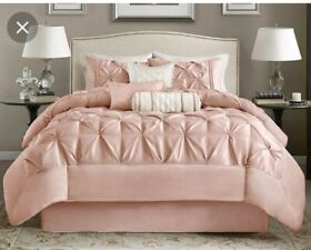 Luxury 7pc Blush Pink Pleated Comforter Set And Decorative Pillows King Size