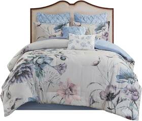 Madison Park 022164126235 Cassandra 8-piece Cotton Printed Comforter Set Blue - Queen Size