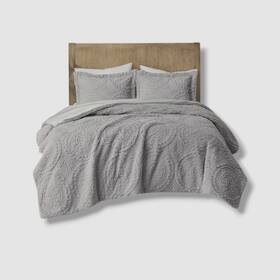 Madison Park 086569072153 Gray Medallion Faux Fur 3-pc. Comforter Set King/cal King
