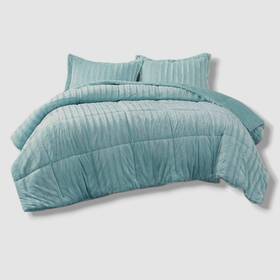 Madison Park 086569632074 Blue Duke Reversible Faux Fur Comforter 3pc Set Size Full/queen
