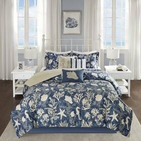 Madison Park 086569956767 100% Cotton Comforter Set - Coastal Coral Starfish Design All Season Down Al