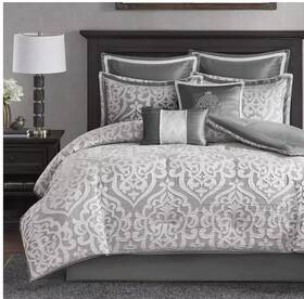 10-5886 Madison Park Odette 8pc Cal King Comforter Set Jacquard Damask Medallion Silver