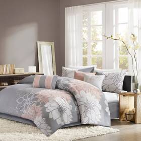 53854712 Madison Park 7pc King Jane Floral Print Comforter Set Gray/blush Cotton Sateen
