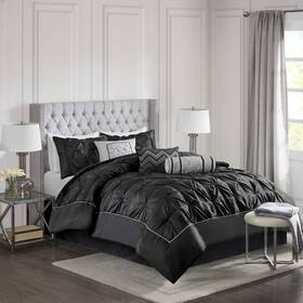 Madison Park 675716808310 Laurel Cal King Size Bed Comforter Set In A Bag - Black Tufted Pleated