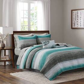 77381178 Madison Park 8pc Queen Seth Striped Complete Reversible Coverlet Set Aqua Blue