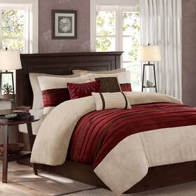 Mp10-2266 Madison Park Palmer Red And Brown Faux Suede Pieced Queen 7-piece Comforter Set