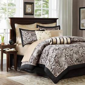 Mp10-335 Madison Park Cal King Size Comforter Set Victorian Elegant Paisley Black Gold Silver Chic 12p