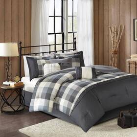 Mp10-4676 Madison Park Pioneer 7-piece Grey Plaid Polyester Queen Herringbone Comforter Set