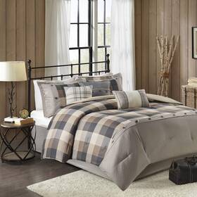 Mp10-7213 Madison Park Ridge Comforter Set-cabin Lodge Plaid King 104 Inch X92 Neutral 7 Piece