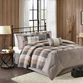 Mp10-7214 Madison Park Pioneer 7-piece Neutral Plaid Polyester California King Herringbone Comforter