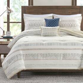 Mp10-8267 Madison Park Boho Comforter Set - Seersucker Southwestern Queen Size 5 Pieces Taupe/bl