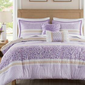 Mp10-8793 Madison Park Comforter Set Seersucker Floral King Microfiber 5pc Purple