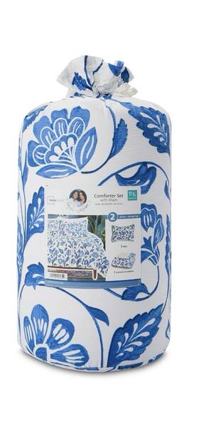 Mainstays 022164531619 White And Blue Floral 2pc. Twin/twin Xl Comforter Sham Set
